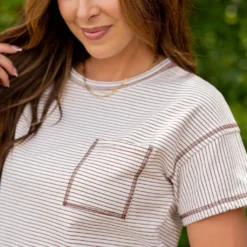 Bold Stitched Striped Pocket Tee -Women's Clothing Store untitled 9216