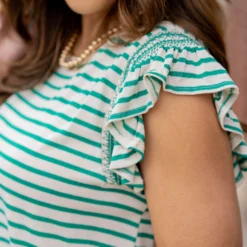 Striped Ruched Ruffle Trim Tee -Women's Clothing Store untitled 9244