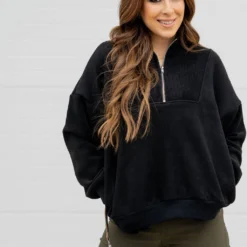 Ribbed Sleeve Quarter Zip Pullover -Women's Clothing Store untitled 9257