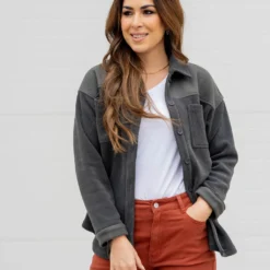 Solid Top Ribbed Shacket -Women's Clothing Store untitled 9352