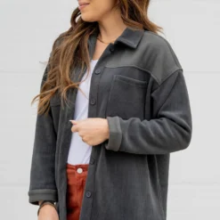 Solid Top Ribbed Shacket -Women's Clothing Store untitled 9357