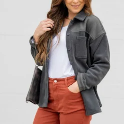 Solid Top Ribbed Shacket -Women's Clothing Store untitled 9363