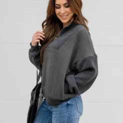 Ribbed Sleeve Quarter Zip Pullover -Women's Clothing Store untitled 9491