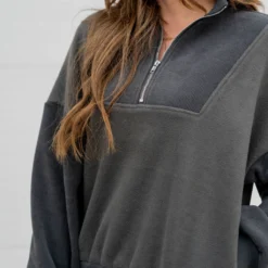 Ribbed Sleeve Quarter Zip Pullover -Women's Clothing Store untitled 9494