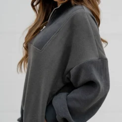 Ribbed Sleeve Quarter Zip Pullover -Women's Clothing Store untitled 9495