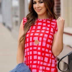 Painted Grid Ruched Ruffle Trim Tank