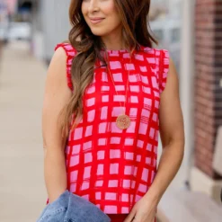 Painted Grid Ruched Ruffle Trim Tank -Women's Clothing Store untitled 9511