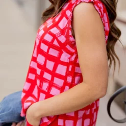 Painted Grid Ruched Ruffle Trim Tank -Women's Clothing Store untitled 9514 43511e54 5647 4a1b 99e0 261b373e9556