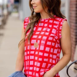 Painted Grid Ruched Ruffle Trim Tank -Women's Clothing Store untitled 9520