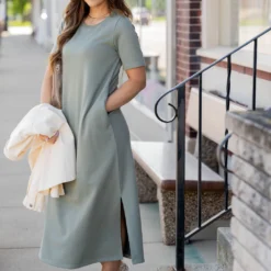 Half Sleeve Side Slit Midi Dress -Women's Clothing Store untitled 9659