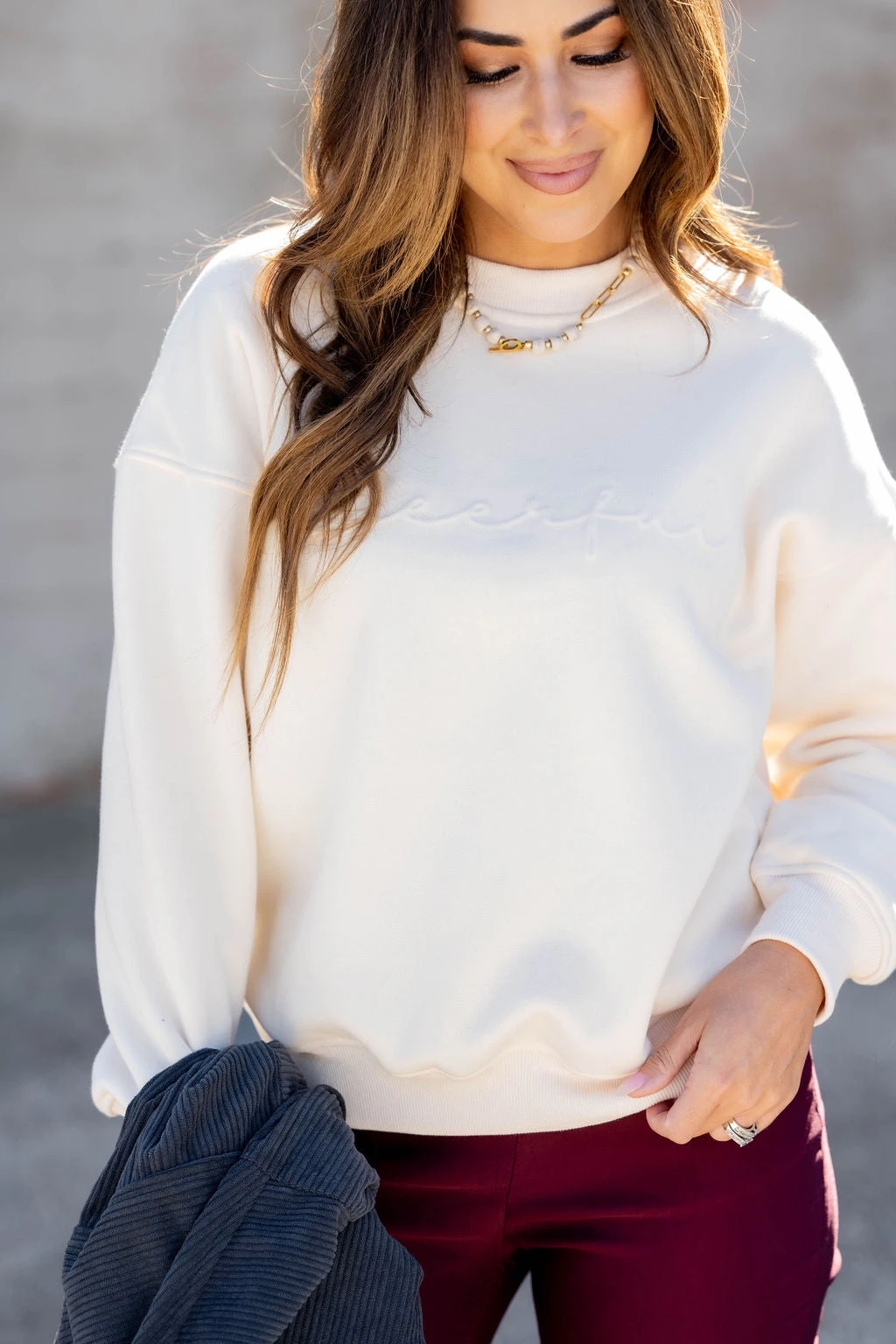 Cheerful Cursive Embossed Crewneck 5 Cheerful Cursive Embossed Crewneck - Image 5