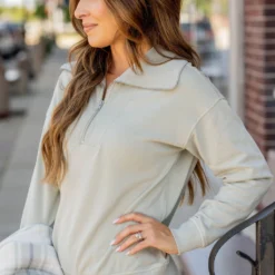 Ribbed Accented Quarter Zip Pullover -Women's Clothing Store untitled 9780