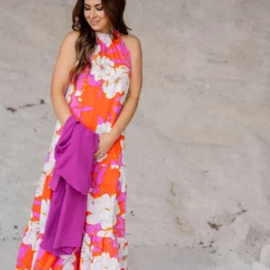 Sketched Floral Halter Maxi Dress