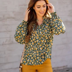 Floral Cinched Trim Tie Blouse 18 Floral Cinched Trim Tie Blouse -Women's Clothing Store untitled 9953 852680