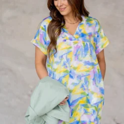 Watercolor Strokes Cuffed Sleeve Dress