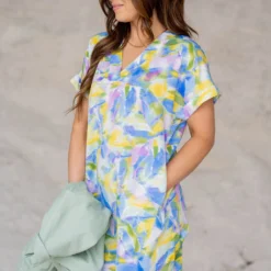 Watercolor Strokes Cuffed Sleeve Dress -Women's Clothing Store untitled 9992