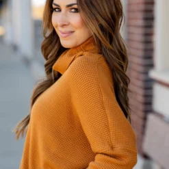 Waffled Turtleneck Sweater Tee -Women's Clothing Store waffled turtleneck sweater tee 108416