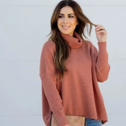 Waffled Turtleneck Sweater Tee -Women's Clothing Store waffled turtleneck sweater tee 602512