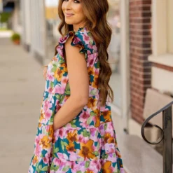 Watercolor Floral Tiered Ruffle Trim Dress -Women's Clothing Store watercolor floral tiered ruffle trim dress 755547